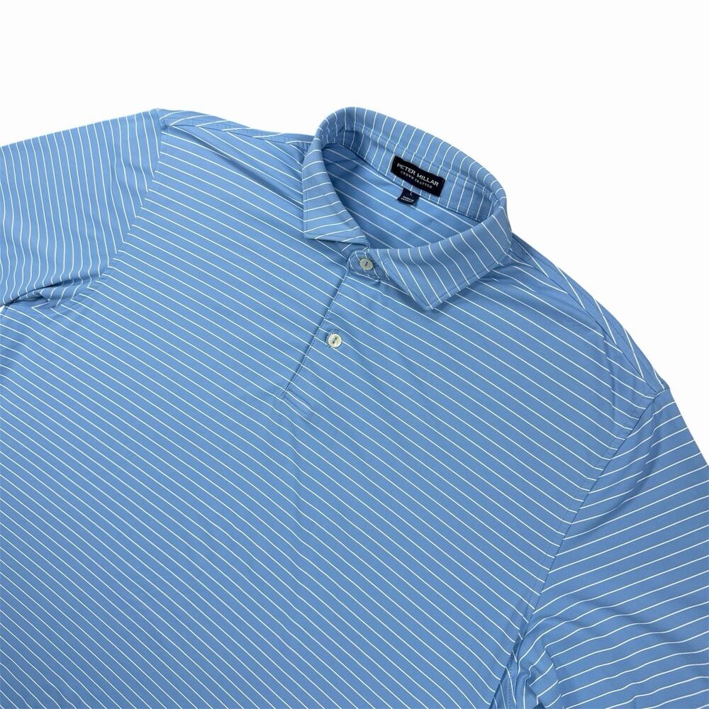 Peter Millar Crown Crafted Men’s Large Blue White Striped Performance Golf Polo